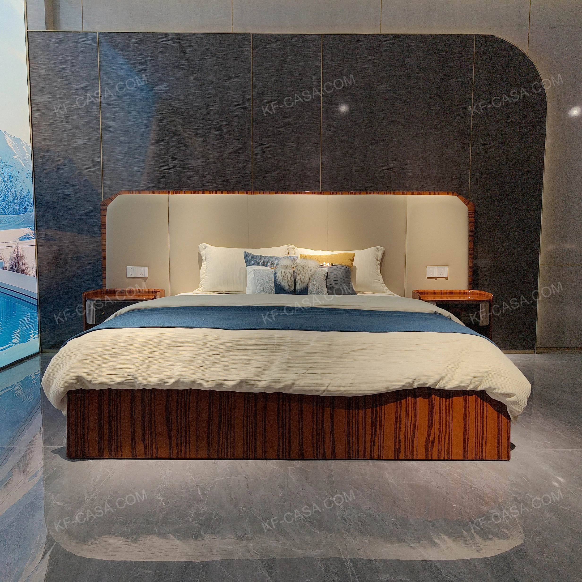 Soft Beige Upholstered Bed with Natural Wood Veneer Trim & Integrated Ambient Lighting